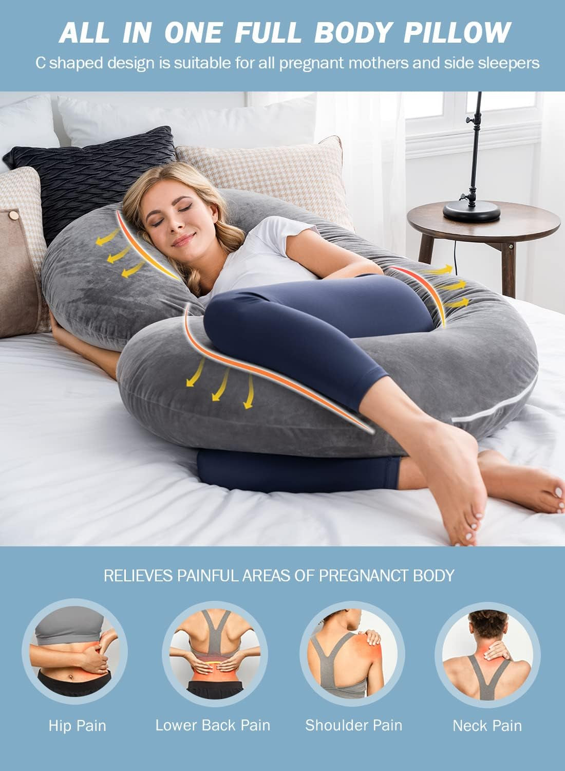 Pregnancy Pillow,Maternity Body Pillow with Velvet Cover,C Shaped Body Pillow for Sleeping (Grey)