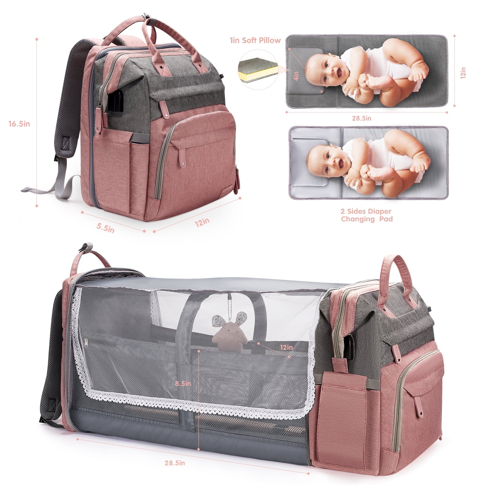 Baby Diaper Bag Backpack with Changing Station, Multifunctional Waterproof Portable Baby Bag for Travel, Pink