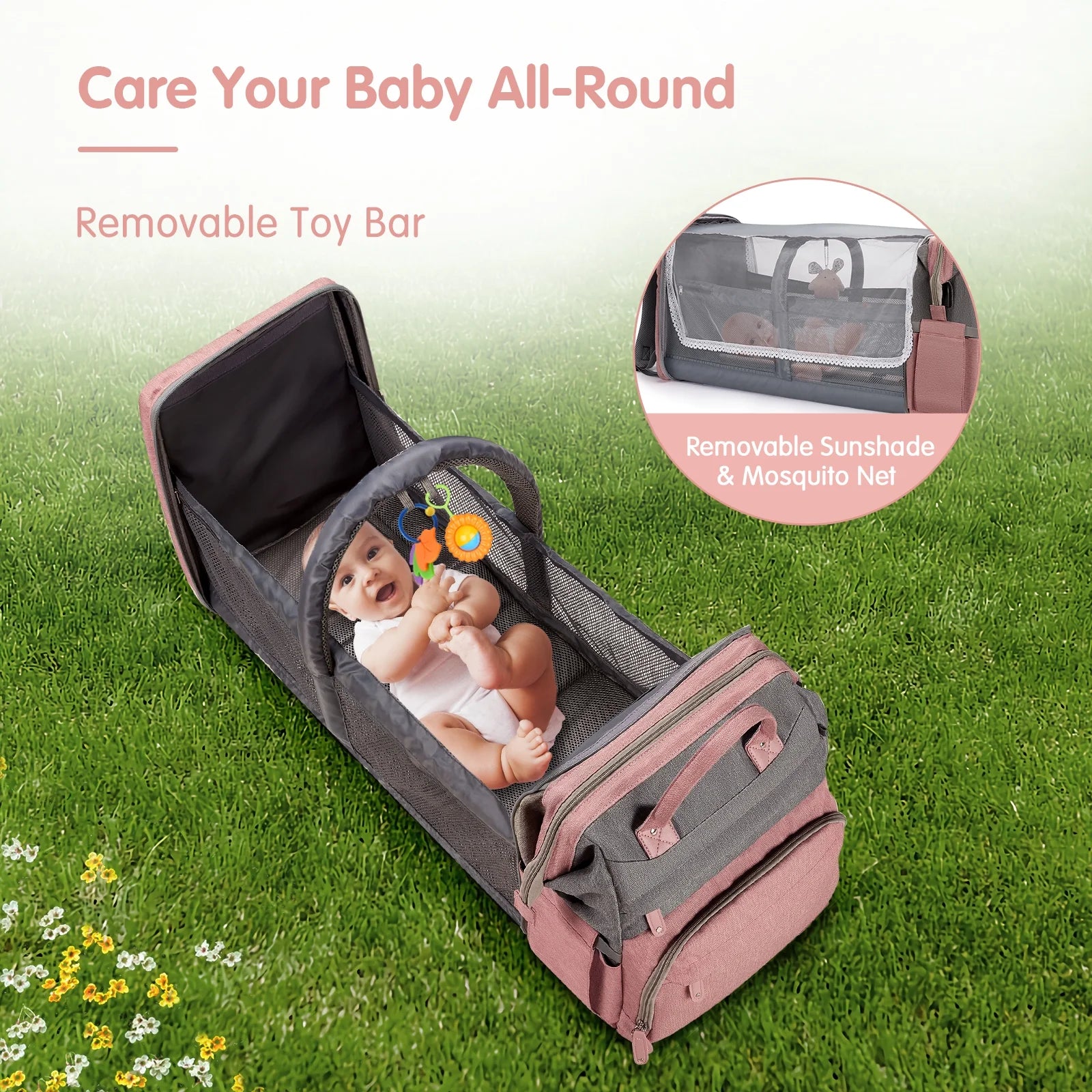 Baby Diaper Bag Backpack with Changing Station, Multifunctional Waterproof Portable Baby Bag for Travel, Pink