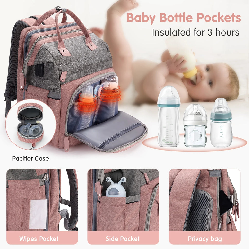 Baby Diaper Bag Backpack with Changing Station, Multifunctional Waterproof Portable Baby Bag for Travel, Pink