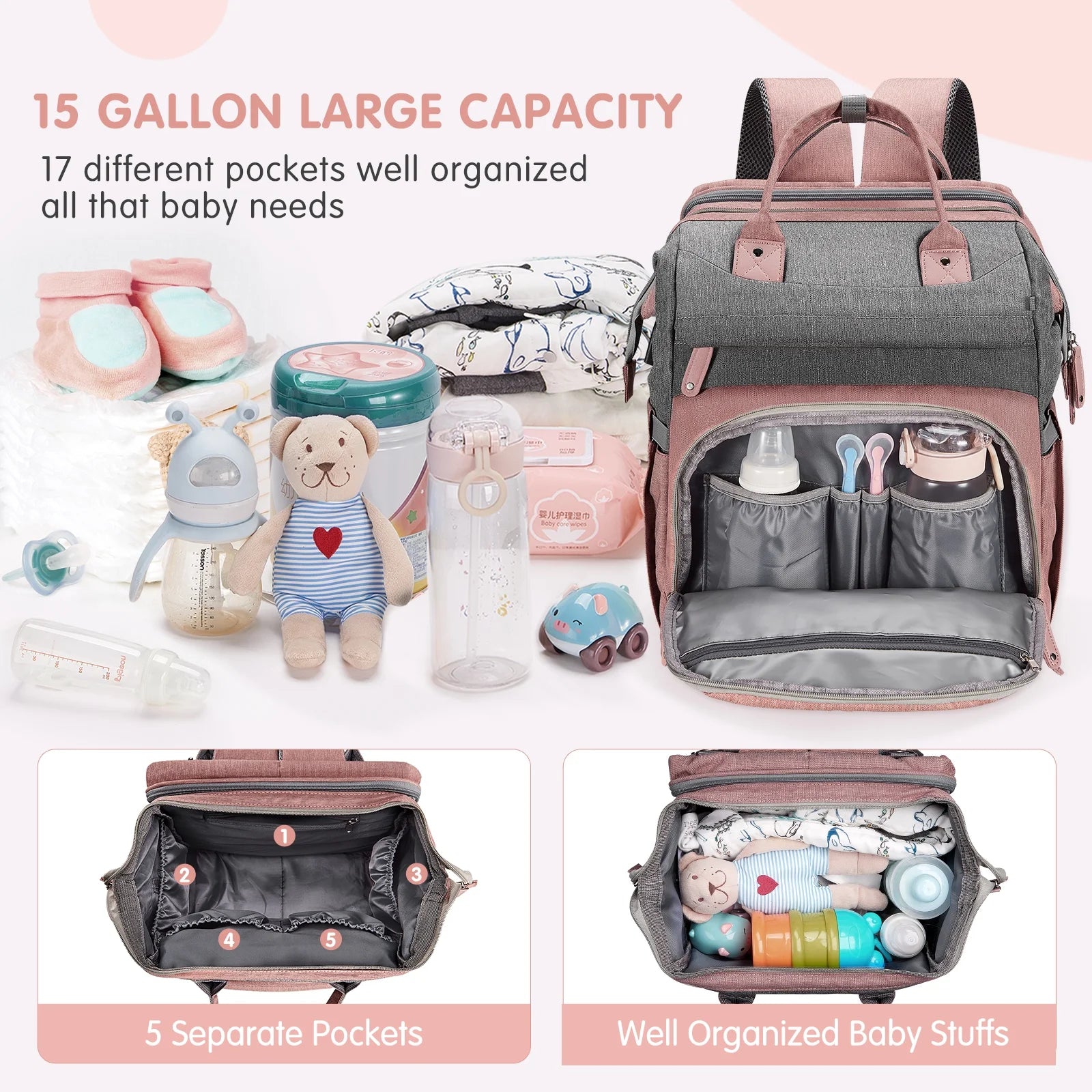 Baby Diaper Bag Backpack with Changing Station, Multifunctional Waterproof Portable Baby Bag for Travel, Pink