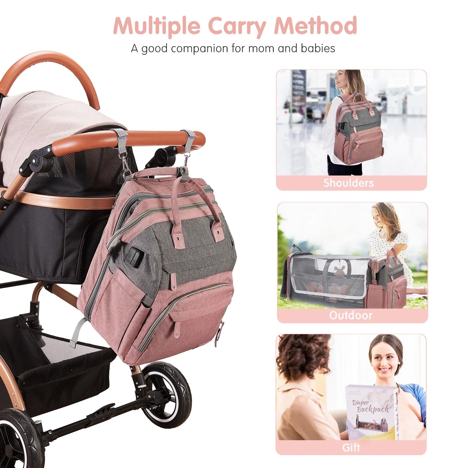 Baby Diaper Bag Backpack with Changing Station, Multifunctional Waterproof Portable Baby Bag for Travel, Pink
