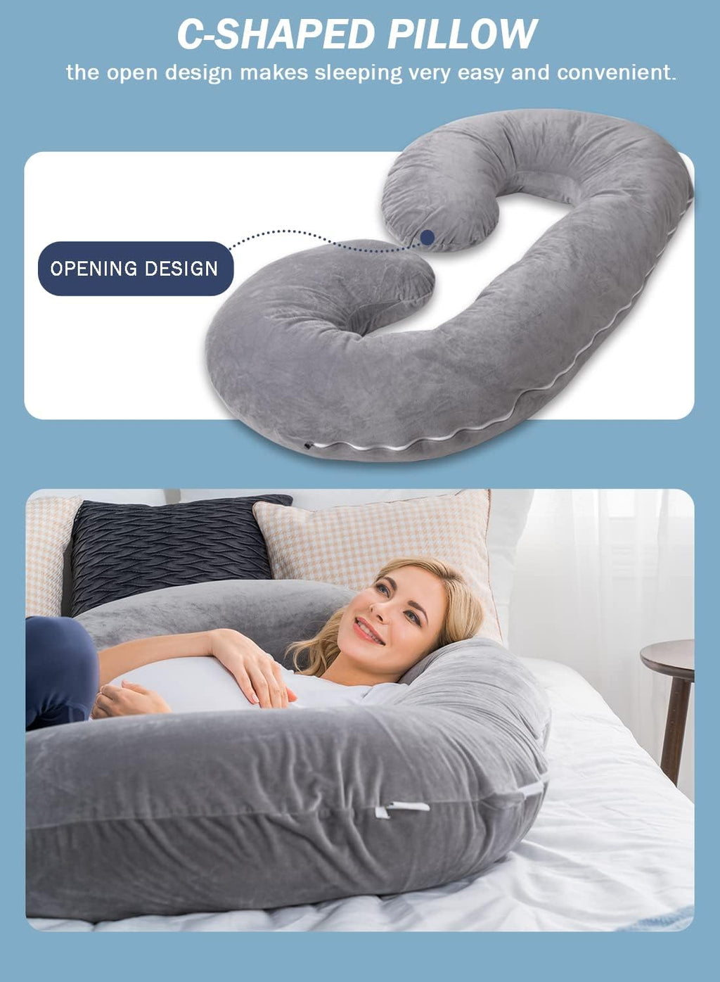 Pregnancy Pillow,Maternity Body Pillow with Velvet Cover,C Shaped Body Pillow for Sleeping (Grey)